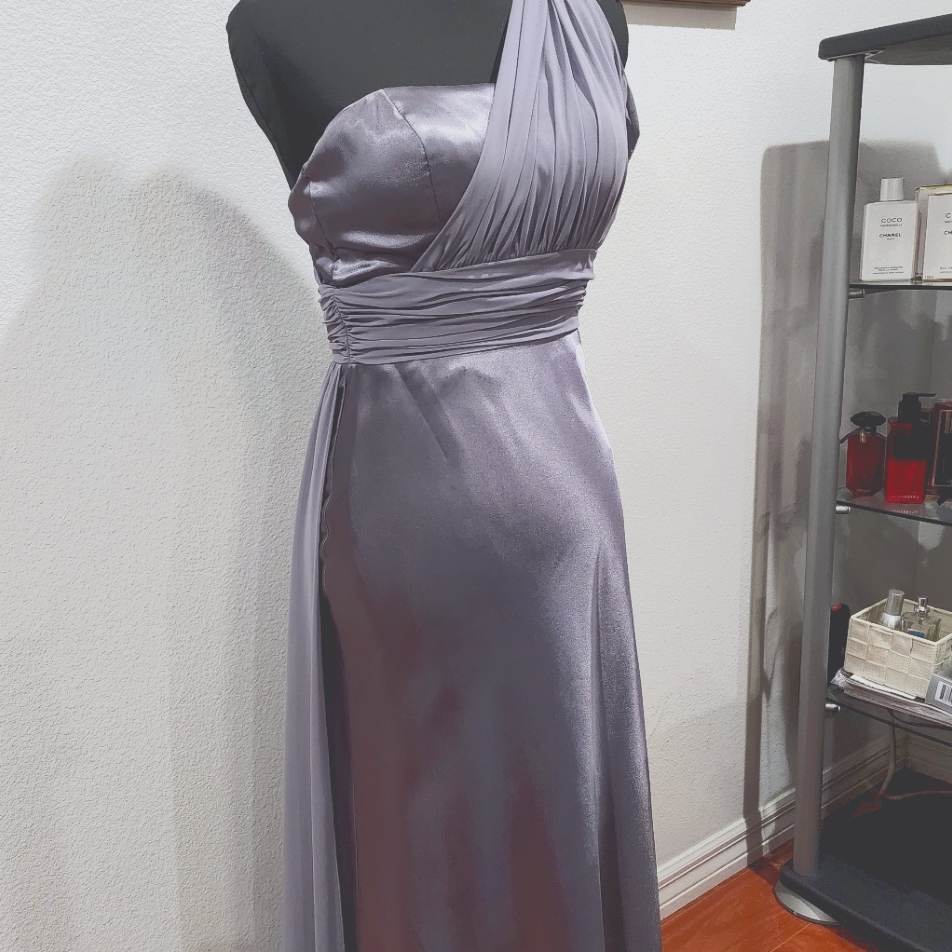 One Shoulder Ruched Nylon Overlay, Flowing Stain Gown.